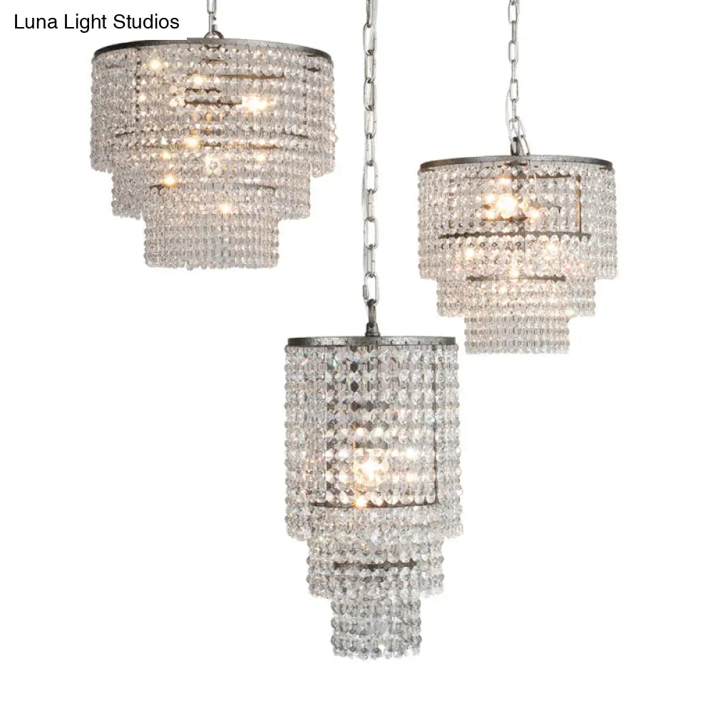 Rustic Crystal Strand Chrome Chandelier Pendant - Elegant Living Room Hanging Light