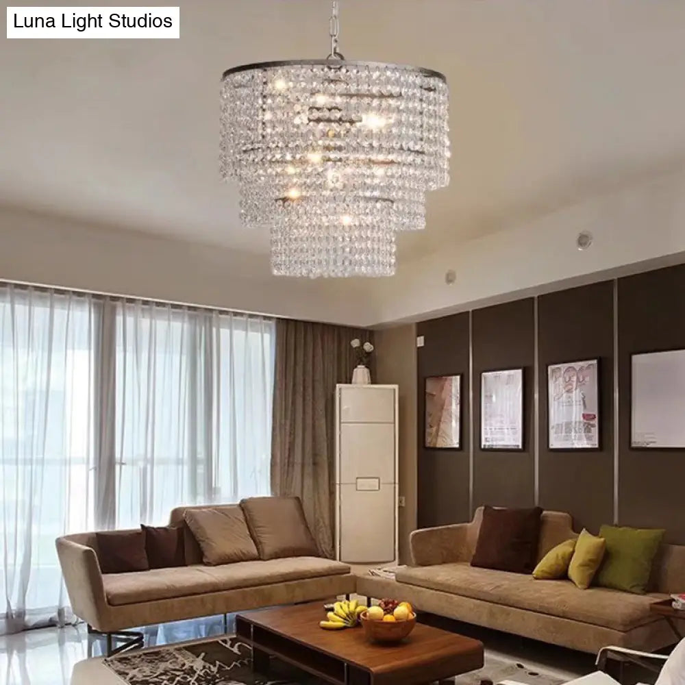 Rustic Crystal Strand Chrome Chandelier Pendant - Elegant Living Room Hanging Light