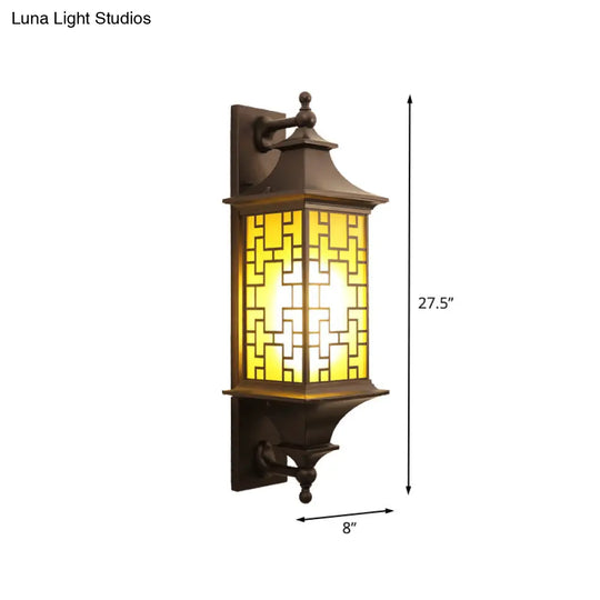 Rustic Cuboid Amber Glass Wall Mount Sconce With Double Arm - Brown Finish 1-Light