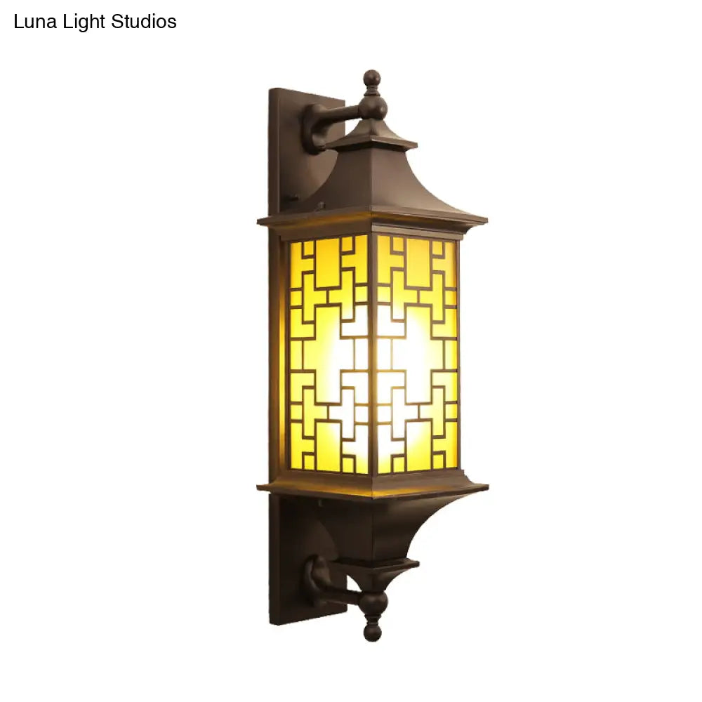 Rustic Cuboid Amber Glass Wall Mount Sconce With Double Arm - Brown Finish 1-Light