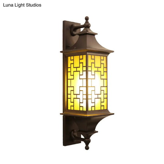 Rustic Cuboid Amber Glass Wall Mount Sconce With Double Arm - Brown Finish 1-Light