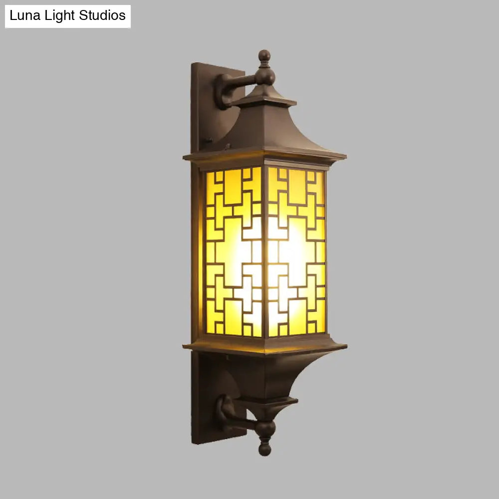 Rustic Cuboid Amber Glass Wall Mount Sconce With Double Arm - Brown Finish 1-Light