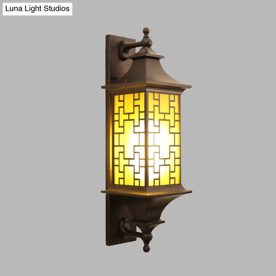 Rustic Cuboid Amber Glass Wall Mount Sconce With Double Arm - Brown Finish 1-Light