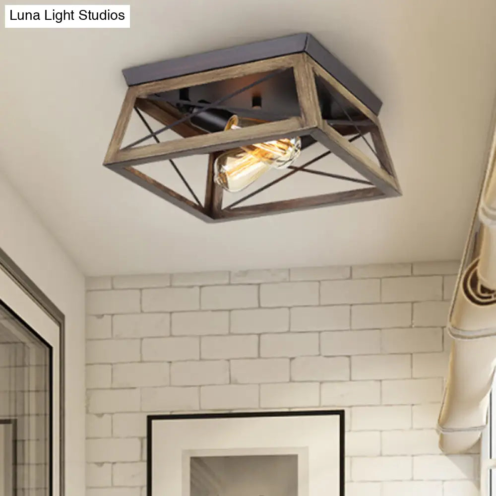 Rustic Cuboid Wood Frame Ceiling Lamp - 2-Light Brown Flush Mount Fixture
