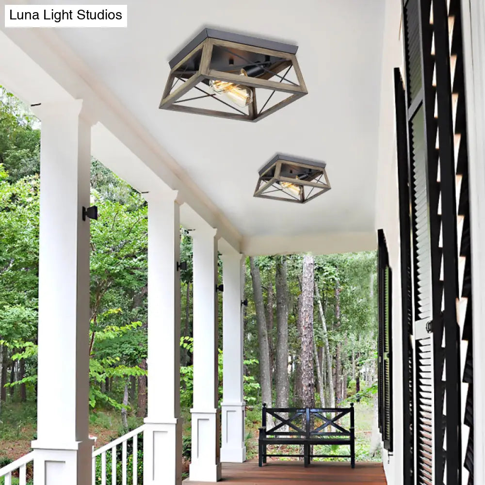 Rustic Cuboid Wood Frame Ceiling Lamp - 2-Light Brown Flush Mount Fixture