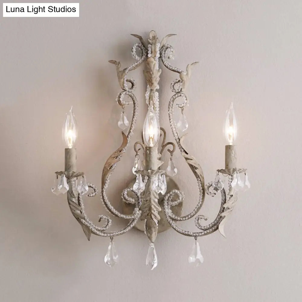 Rustic Curved Arm Wall Mount Light - 3-Light Grey/White/Distressed White Metal Sconce With Crystal