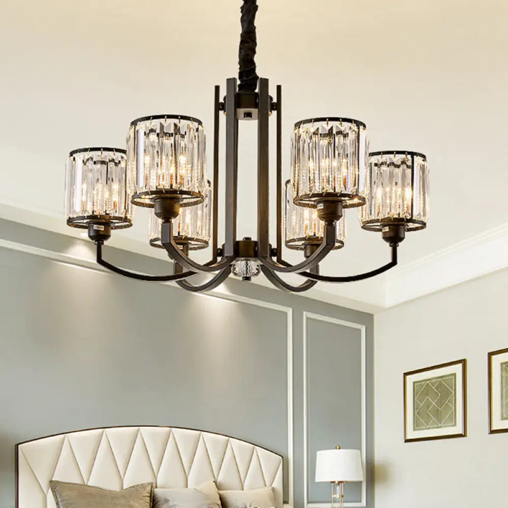 Rustic Cylinder Crystal Block Ceiling Light Fixture - Elegant Black Chandelier For Living Room 3/6/8