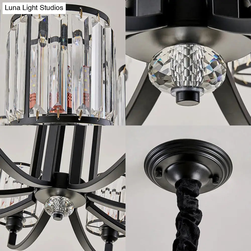 Rustic Cylinder Crystal Block Ceiling Light Fixture - Elegant Black Chandelier For Living Room 3/6/8