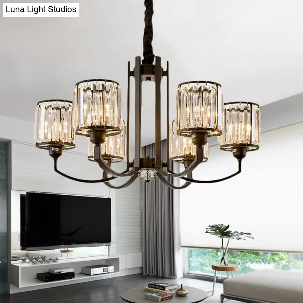 Rustic Cylinder Crystal Block Ceiling Light Fixture - Elegant Black Chandelier For Living Room 3/6/8