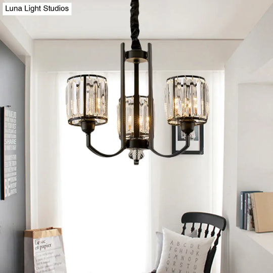 Rustic Cylinder Crystal Block Ceiling Light Fixture - Elegant Black Chandelier For Living Room 3/6/8