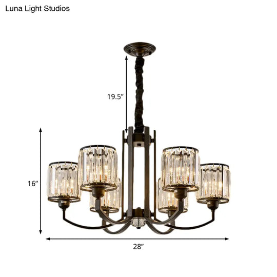 Rustic Cylinder Crystal Block Ceiling Light Fixture - Elegant Black Chandelier For Living Room 3/6/8