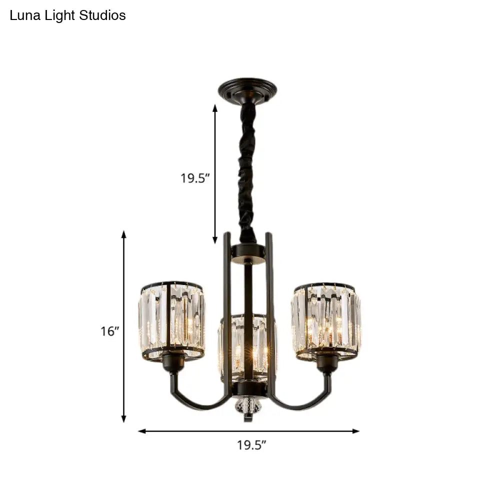 Rustic Cylinder Crystal Block Ceiling Light Fixture - Elegant Black Chandelier For Living Room 3/6/8