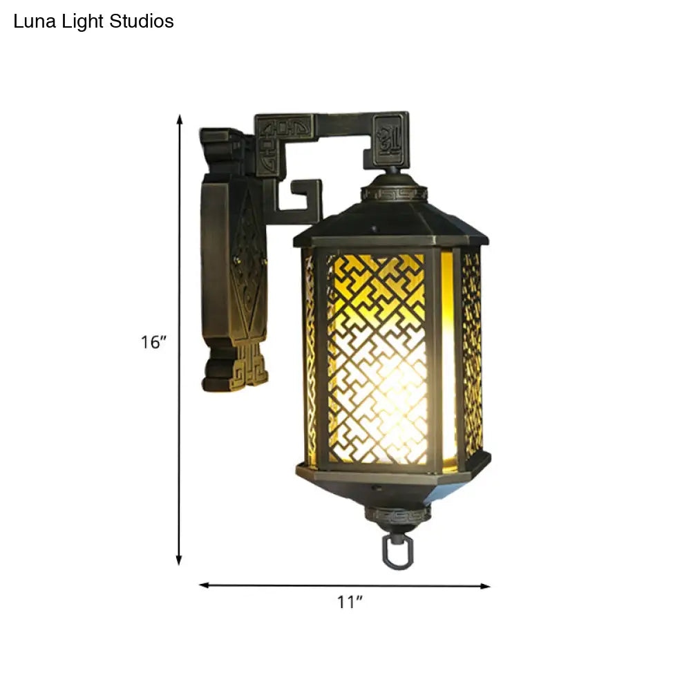 Rustic Cylindrical Tan Prismatic Glass Wall Lamp Sconce In Black - Mounted Light Fixture