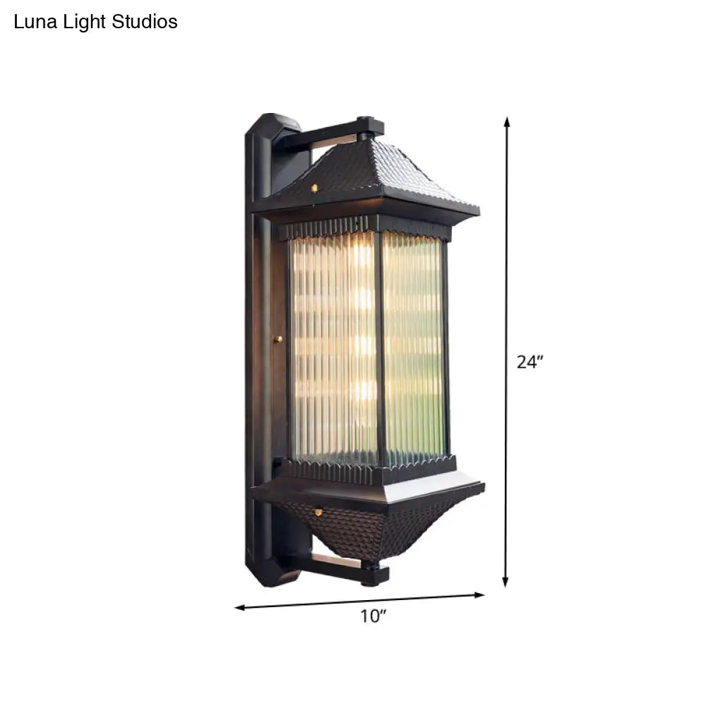 Rustic Dark Coffee Cuboid Sconce Lamp Wall Mounted With Clear Ribbed Glass - 1 Bulb 9/10 Wide