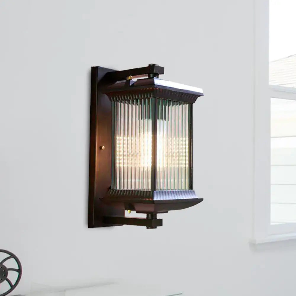 Rustic Dark Coffee Cuboid Sconce Lamp Wall Mounted With Clear Ribbed Glass - 1 Bulb 9/10 Wide / 10