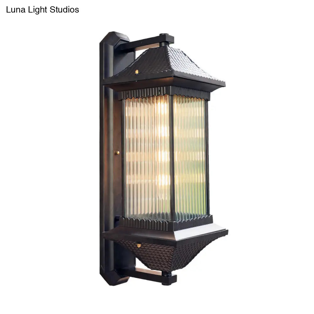 Rustic Dark Coffee Cuboid Sconce Lamp Wall Mounted With Clear Ribbed Glass - 1 Bulb 9/10 Wide