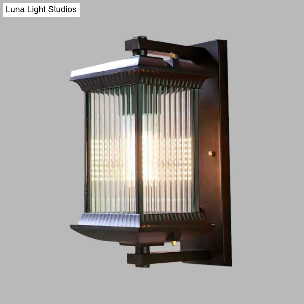 Rustic Dark Coffee Cuboid Sconce Lamp Wall Mounted With Clear Ribbed Glass - 1 Bulb 9/10 Wide