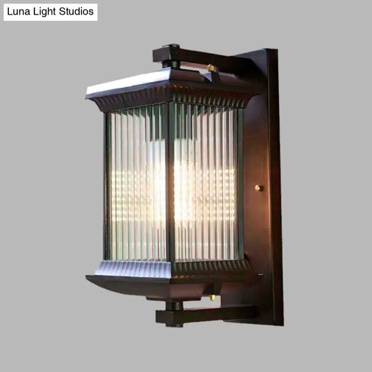 Rustic Dark Coffee Cuboid Sconce Lamp Wall Mounted With Clear Ribbed Glass - 1 Bulb 9/10 Wide