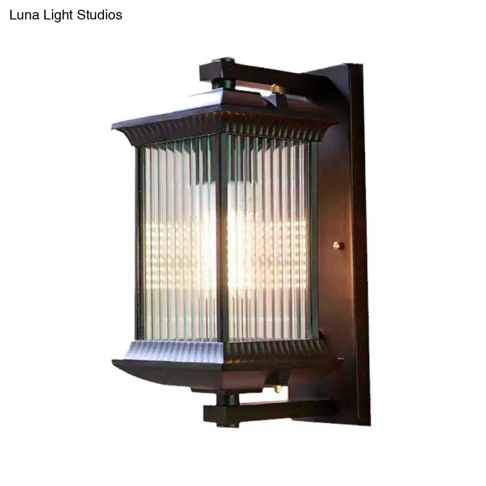 Rustic Dark Coffee Cuboid Sconce Lamp Wall Mounted With Clear Ribbed Glass - 1 Bulb 9/10 Wide