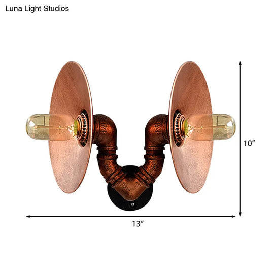 Rustic Dark Rust Round Sconce Lighting Wrought Iron 2-Bulb Bedroom Wall Mount Light With Pipe