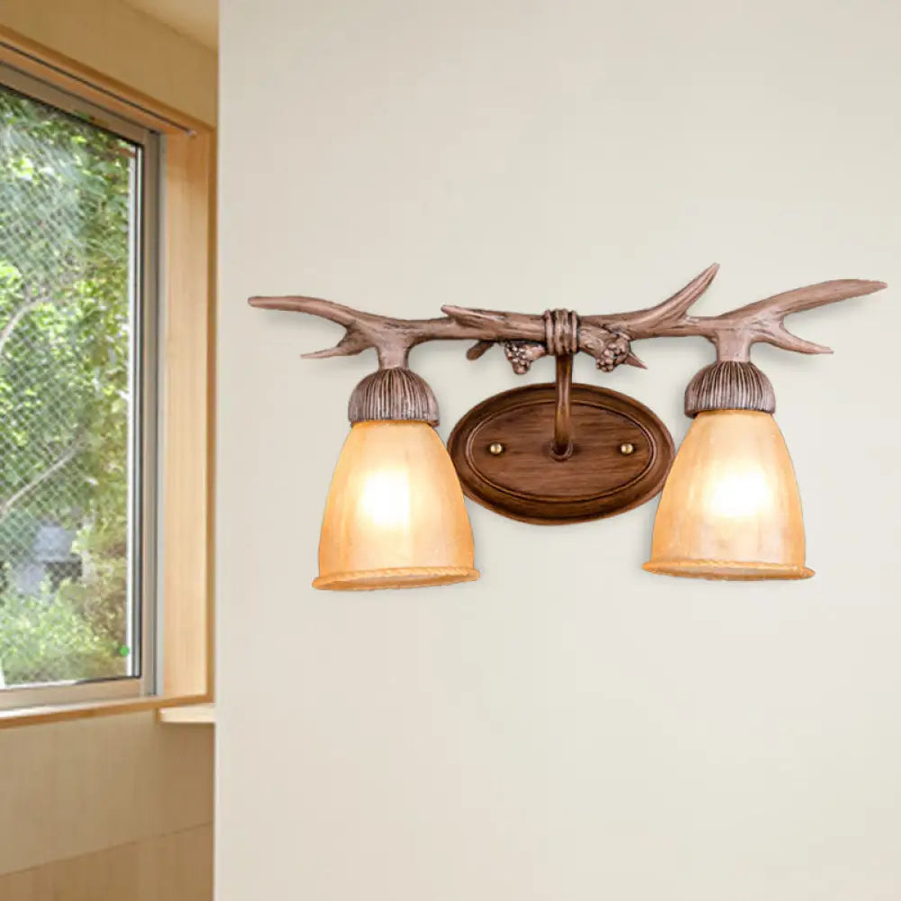 Rustic Dark Wood Cone Wall Sconce With Antler Deco - 2-Light Corridor Lamp