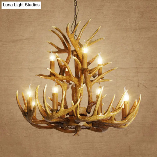 Rustic Deer Antler Chandelier - 21.5/25.5/27.5 Wide 9/12 Heads Resin Ceiling Light Brown Living Room