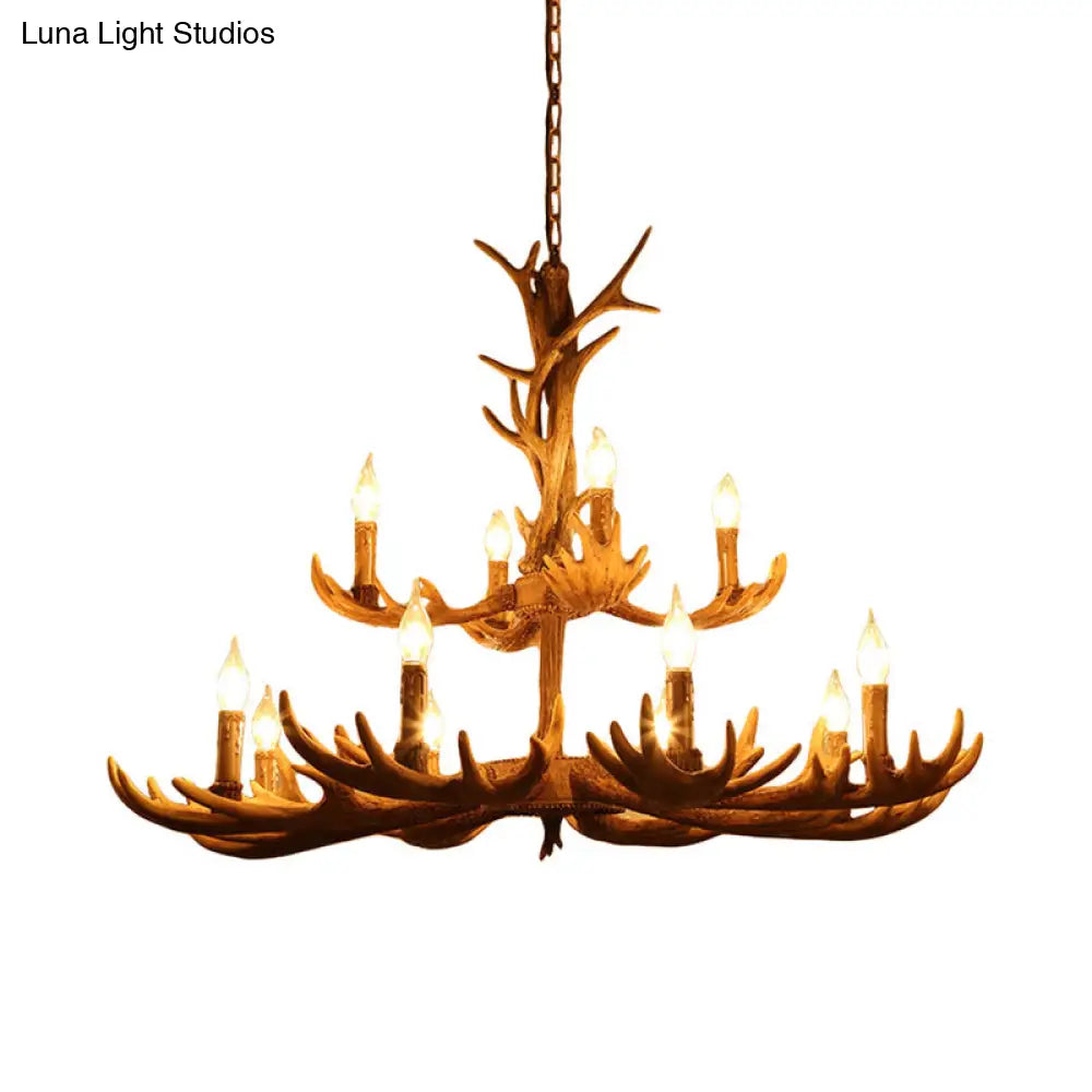 Rustic Deer Antler Resin Pendant Chandelier - 12 Bulbs Brown