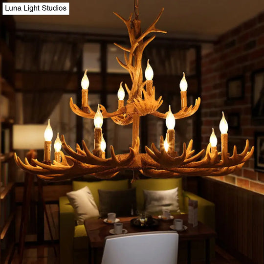 Rustic Deer Antler Resin Pendant Chandelier - 12 Bulbs Brown