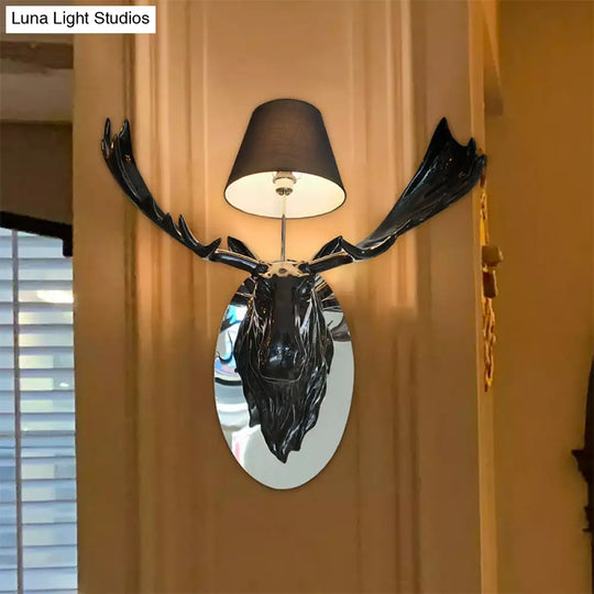 Rustic Deer Design Wall Sconce With Cone Shade And Black Fabric - 1-Light Resin Light