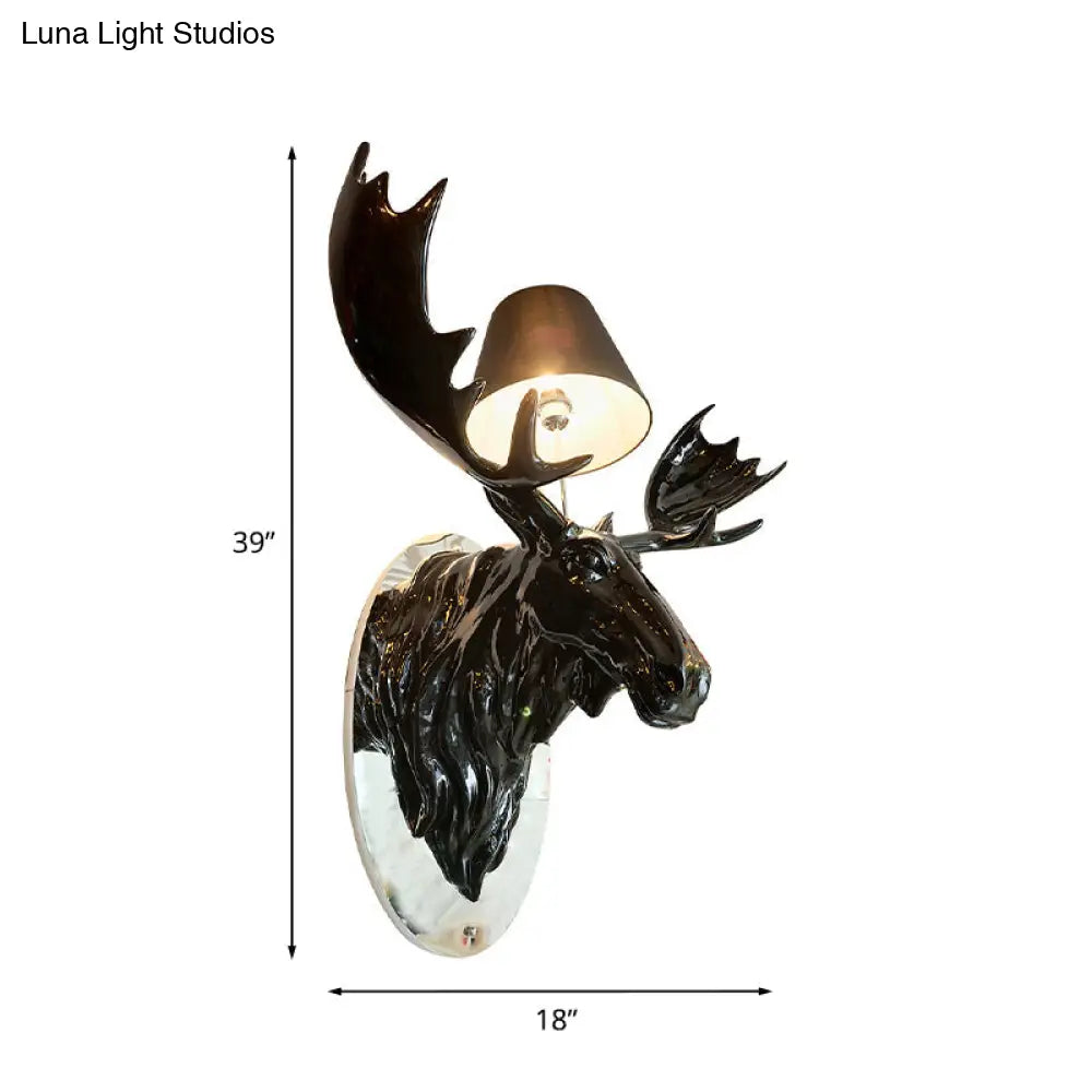 Rustic Deer Design Wall Sconce With Cone Shade And Black Fabric - 1-Light Resin Light