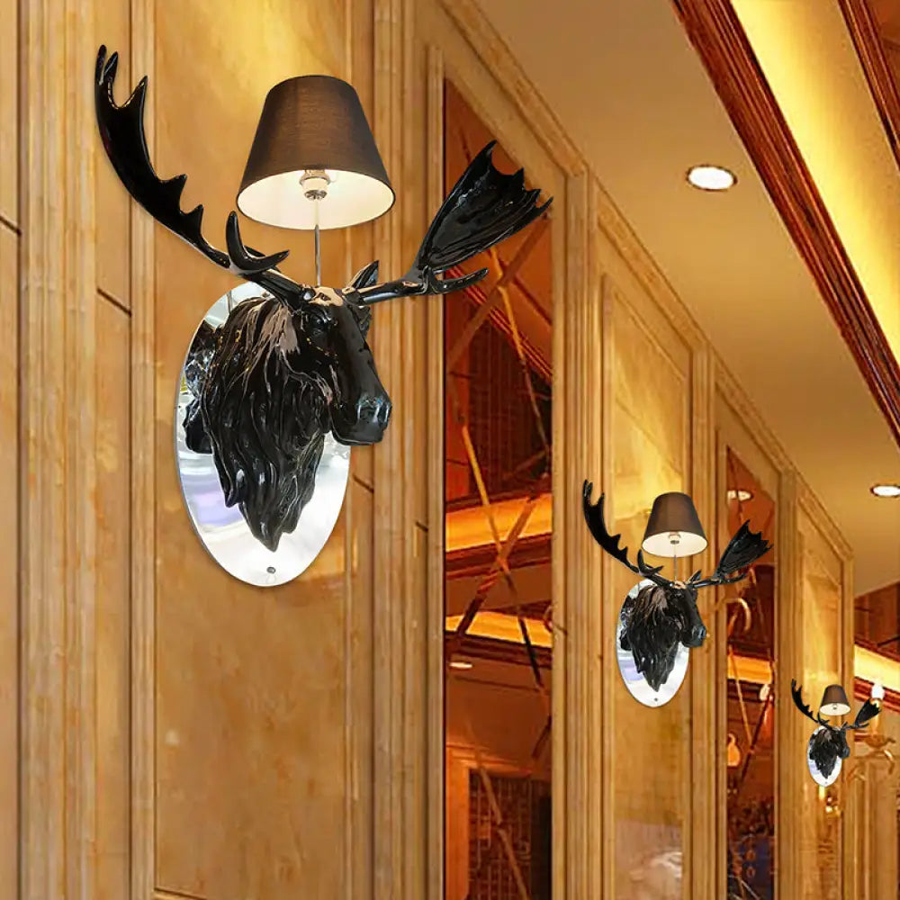 Rustic Deer Design Wall Sconce With Cone Shade And Black Fabric - 1-Light Resin Light