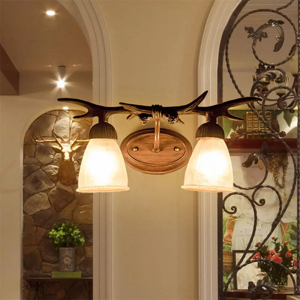 Rustic Deer Horn Amber Glass Wall Sconce Lamp - Lodge Style With 2 Lights