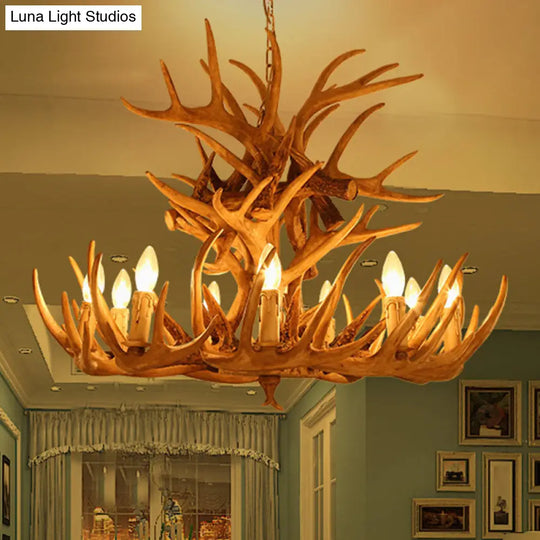 Rustic Deer Horn Chandelier For Living Room - Resin Suspension Lighting Fixture