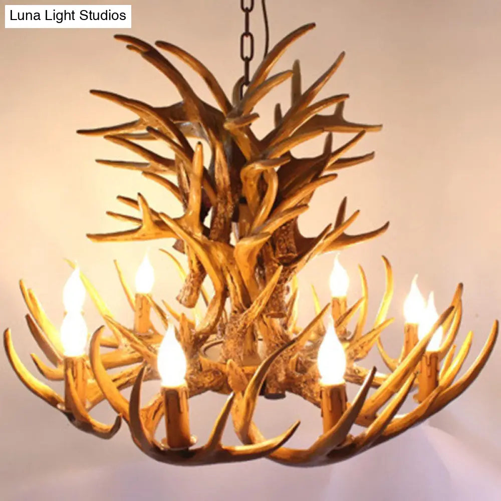 Rustic Deer Horn Chandelier For Living Room - Resin Suspension Lighting Fixture