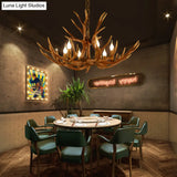 Rustic Deer Horn Chandelier With Adjustable Chain - 6-Light Original Wood Color Retro Candlestick