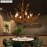 Rustic Deer Horn Chandelier With Adjustable Chain - 6-Light Original Wood Color Retro Candlestick