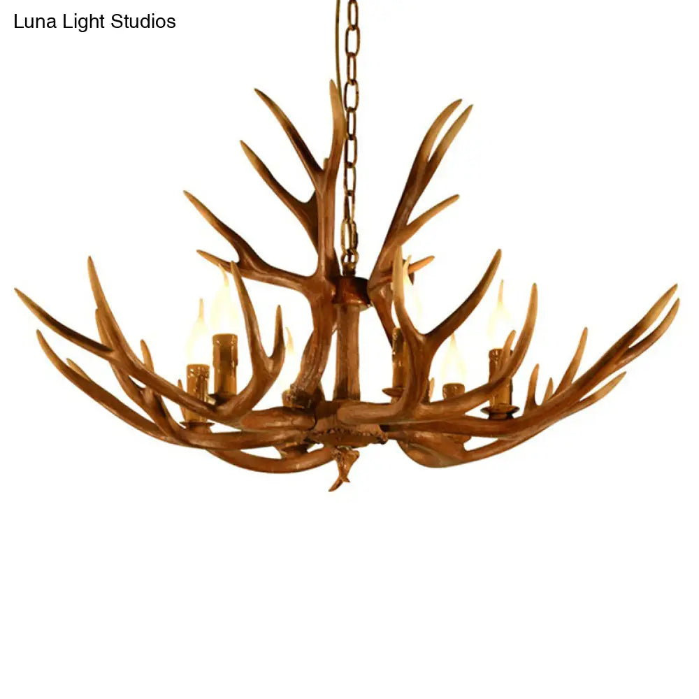 Rustic Deer Horn Chandelier With Adjustable Chain - 6-Light Original Wood Color Retro Candlestick