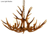 Rustic Deer Horn Chandelier With Adjustable Chain - 6-Light Original Wood Color Retro Candlestick