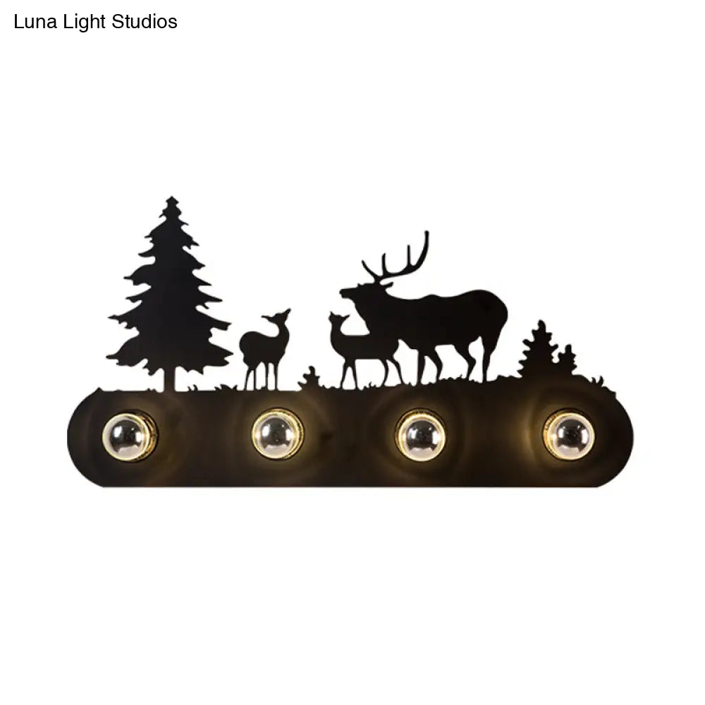 Rustic Deer Metal Wall Sconce Light With 4 Bulbs - Black Conveyor Belt Design For Living Room