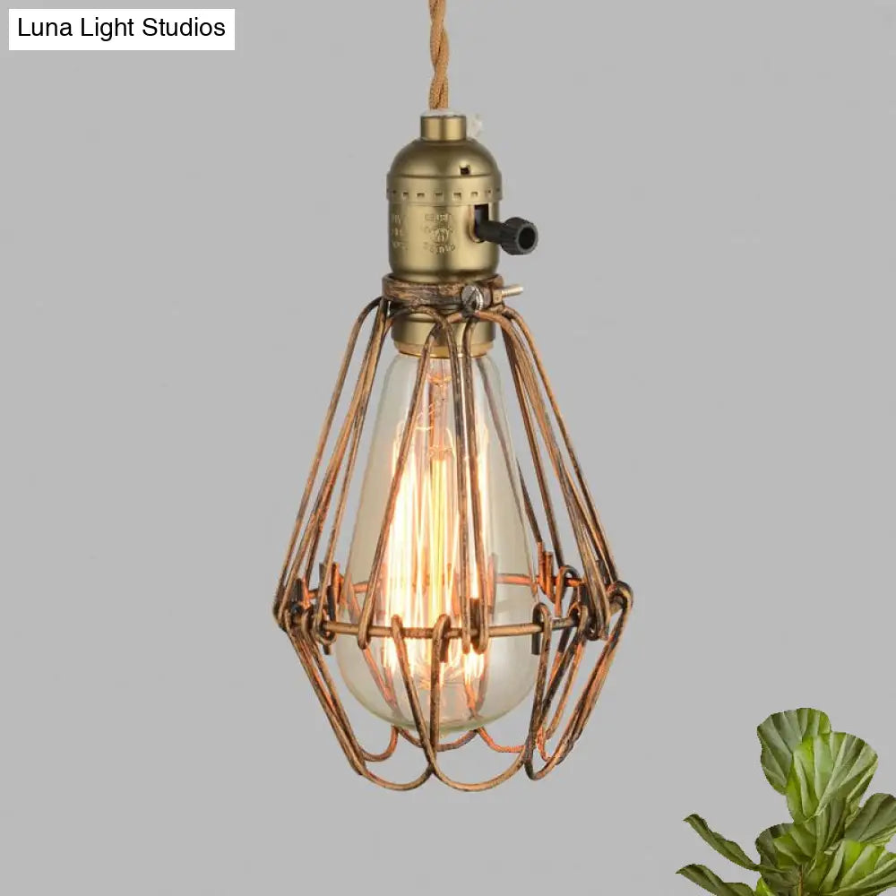 Rustic Diamond Cage Hanging Light Pendant For Restaurants - 1 Head Wrought Iron Design In