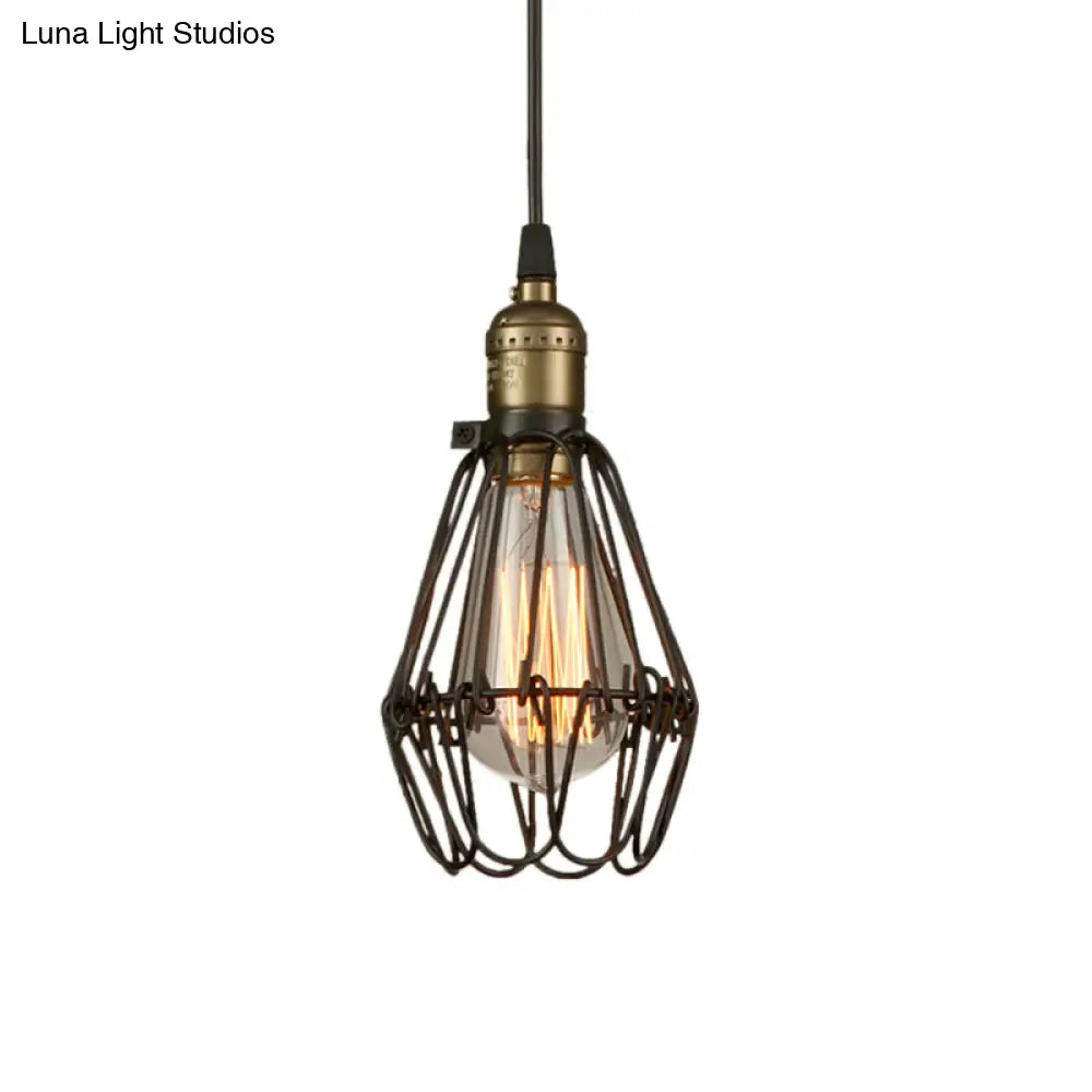 Rustic Diamond Cage Hanging Light Pendant For Restaurants - 1 Head Wrought Iron Design In