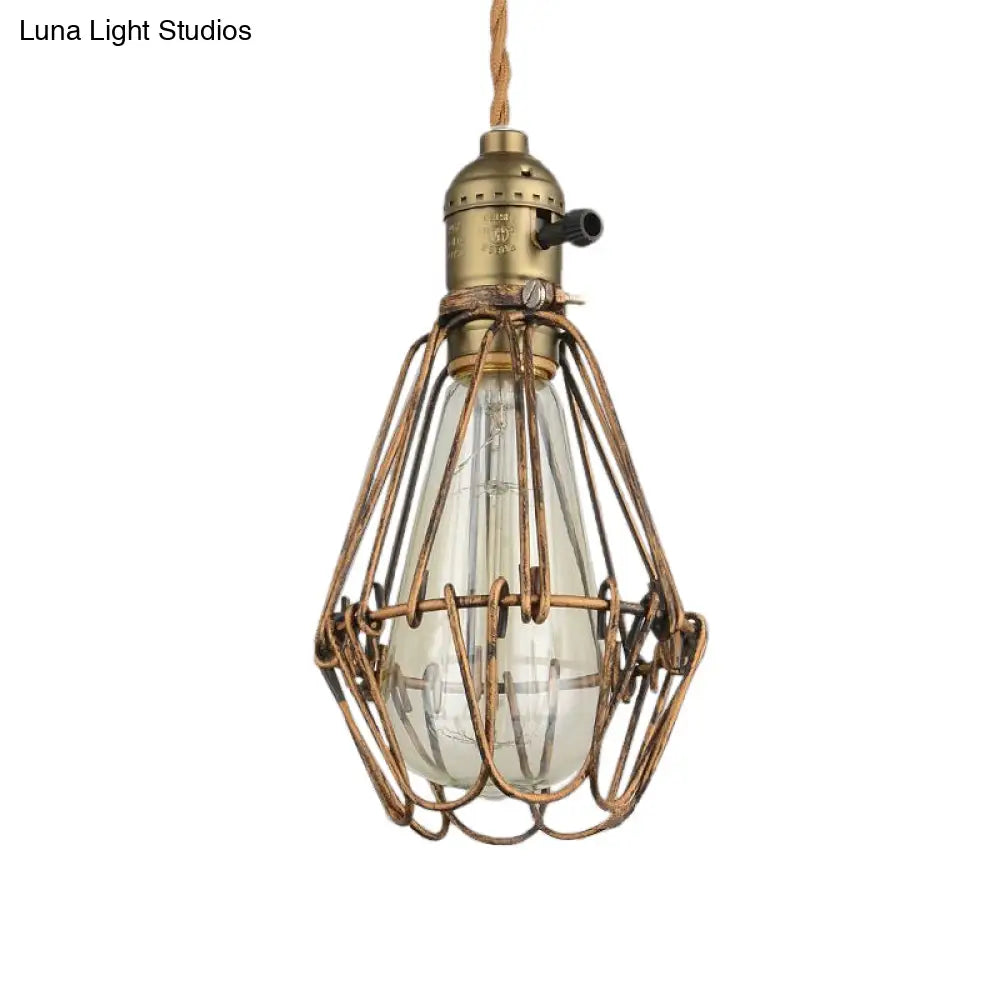 Rustic Diamond Cage Hanging Light Pendant For Restaurants - 1 Head Wrought Iron Design In