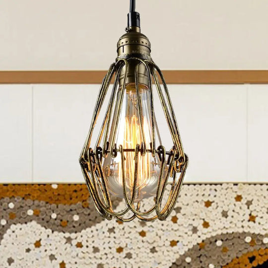 Rustic Diamond Cage Hanging Light Pendant For Restaurants - 1 Head Wrought Iron Design In