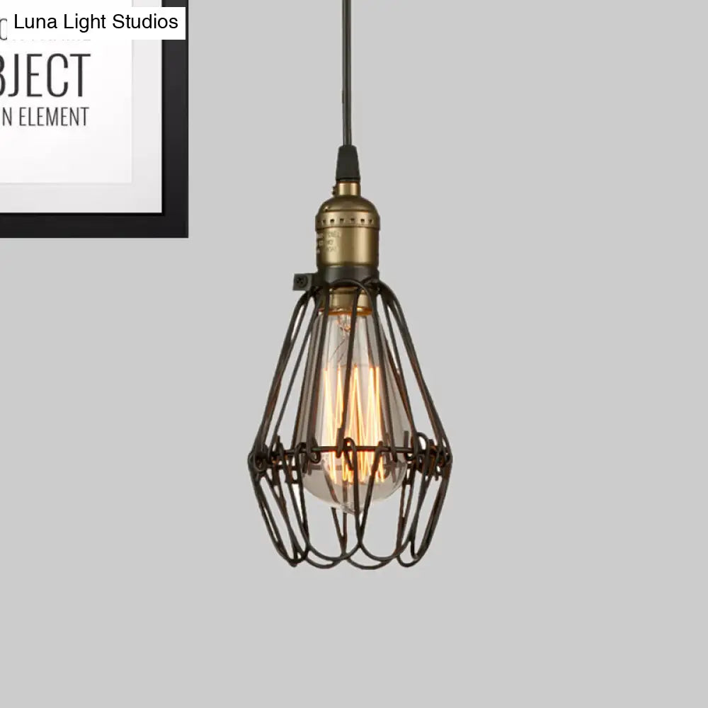 Rustic Diamond Cage Hanging Light Pendant For Restaurants - 1 Head Wrought Iron Design In