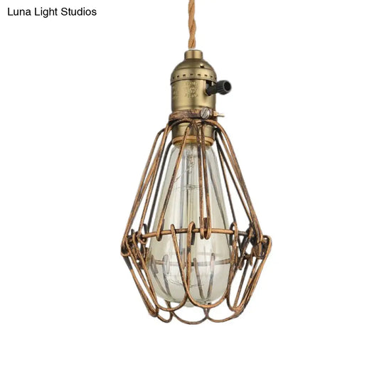 Rustic Diamond Cage Pendant Light For Restaurants - 1 Head Wrought Iron In Black/Brass