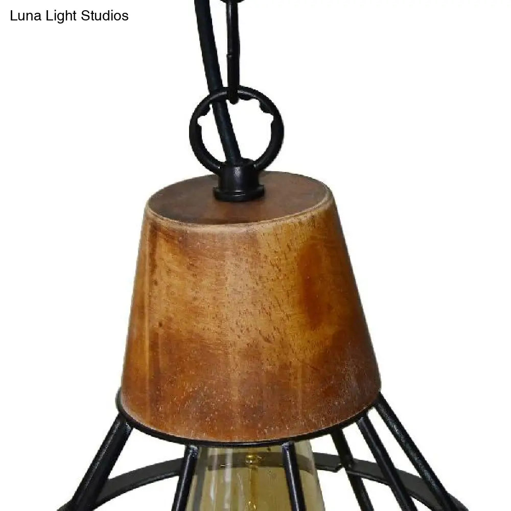 Rustic Diamond Cage Pendant Lamp - Wood And Metal Single Light For Kitchen