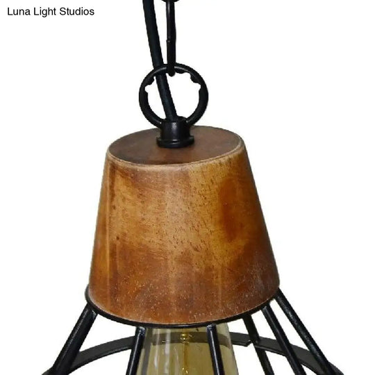 Rustic Wood And Metal Diamond Cage Pendant Lamp - Single Light Hanging For Kitchen