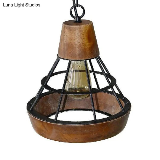Rustic Wood And Metal Diamond Cage Pendant Lamp - Single Light Hanging For Kitchen