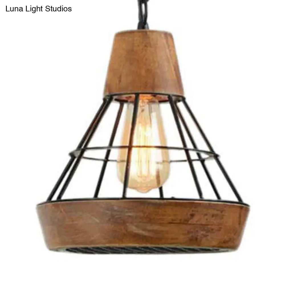 Rustic Wood And Metal Diamond Cage Pendant Lamp - Single Light Hanging For Kitchen Brown