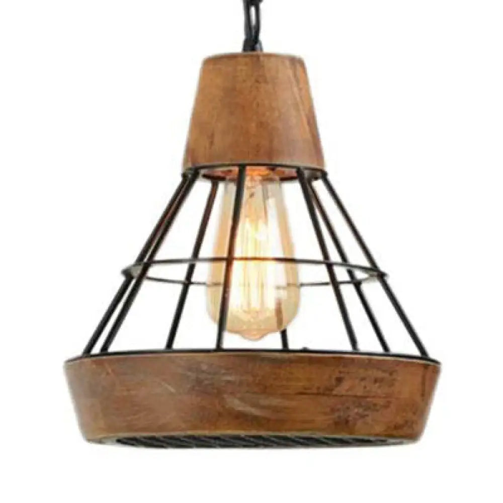 Rustic Diamond Cage Pendant Lamp - Wood And Metal Single Light For Kitchen Brown